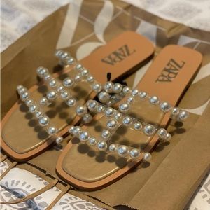 Flat Vinyl Pearl Pearl Flat Sandals Zara Zara Slippers With Pearls
